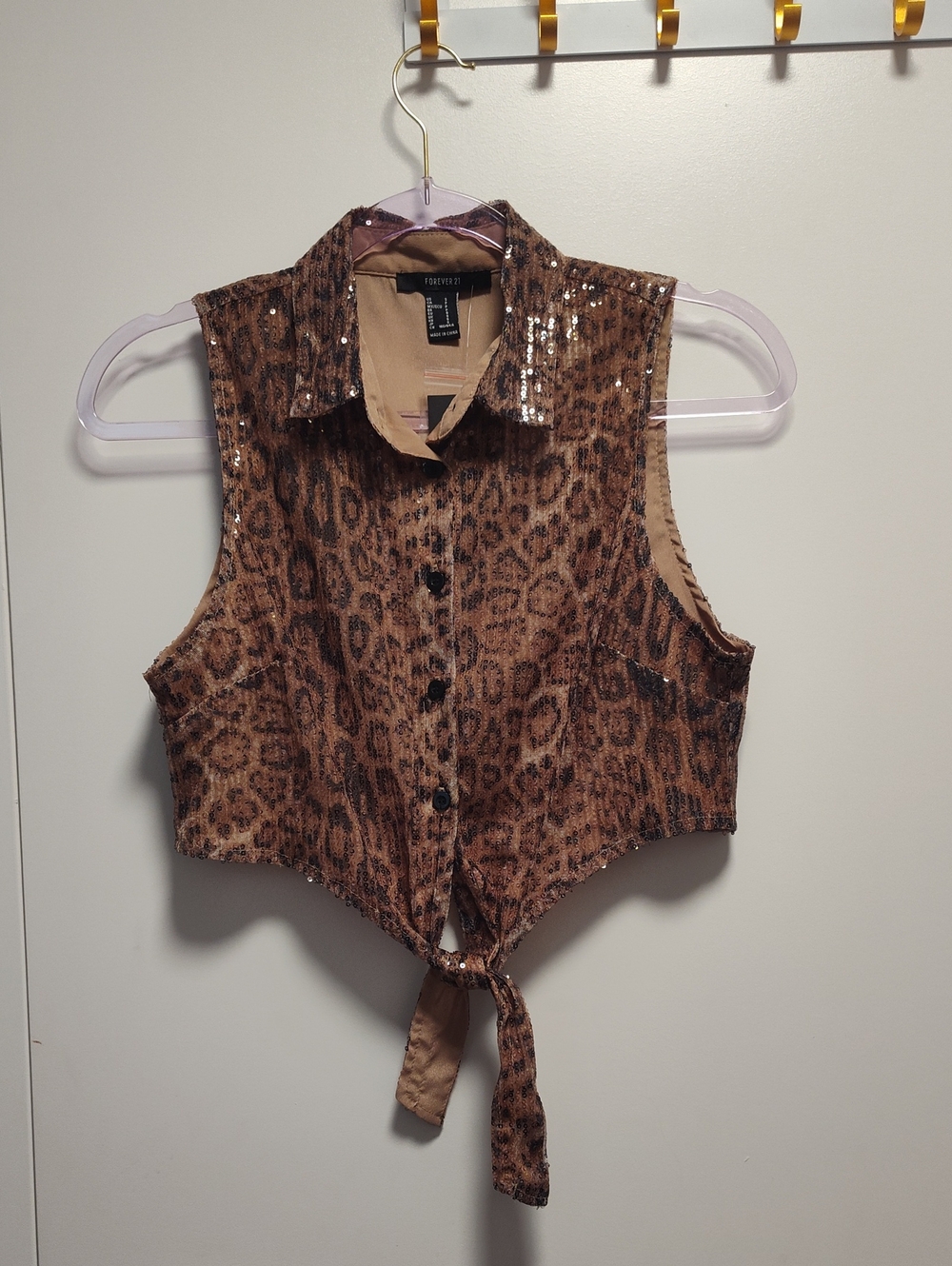 Forever 21 Leopard Sequin Crop Tie Front Top